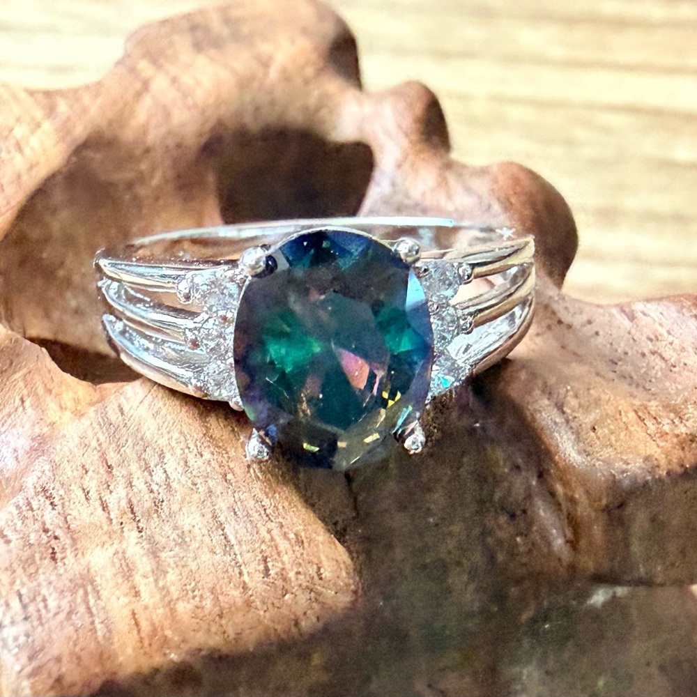 Mystic Topaz Oval Cut Ring With Clear 
Stones Set In Sterling Silver Size 8.5 - Picture 8 of 10